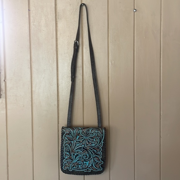 Patricia Nash Granada Tooled Leather Crossbody Antique Brown Turquoise - Picture 4 of 8